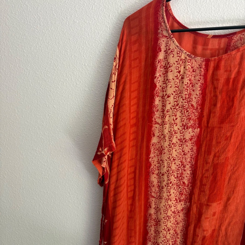 Boho Asymmetrical Sharkbite Tunic Top Orange Red Floral Beaded Tassel One Size - Picture 5 of 9